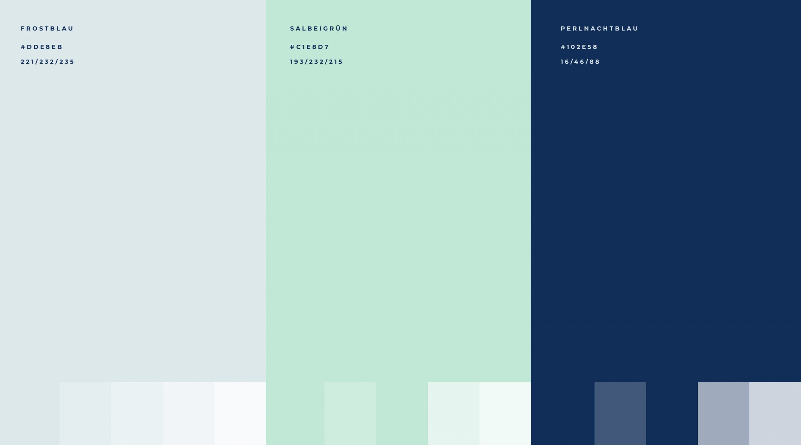 Farbpalette mit Frostblau, Salbeigrün und Perlnachtblau – Corporate Design